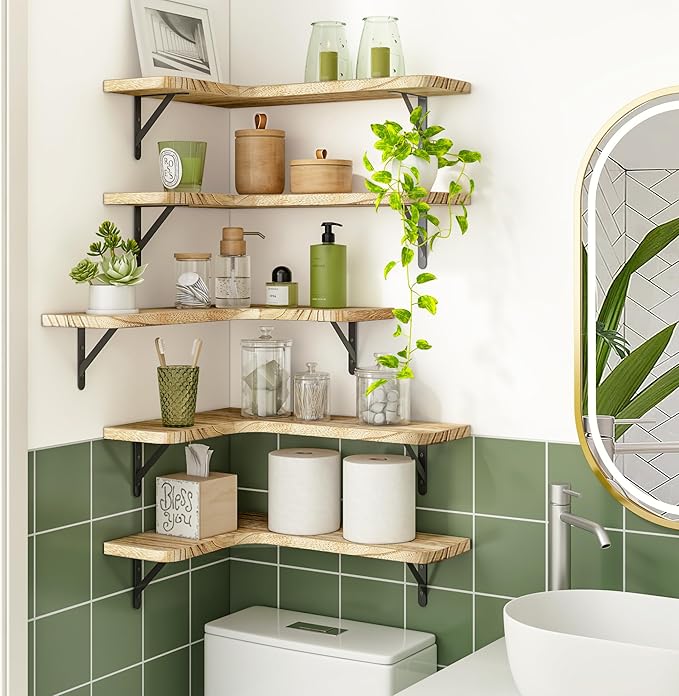 Fixwal Floating Shelves for Wall Set of 5, Rustic Wood Wall Mounted Corner Shelf for Bathroom, Kitchen, Bedroom, Home Decor, Laundry Room, Living Room (Carbonized Black)
