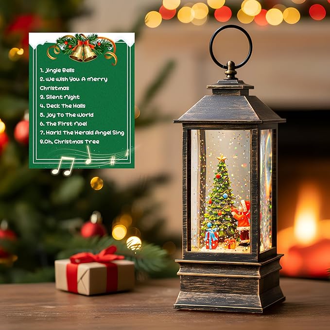 Christmas Snow Globe Lantern Water Glittering Christmas Tree Gifts with Music & Timer, USB Lined/Battery Operated Lighted Lantern for Christmas Festival Decorations