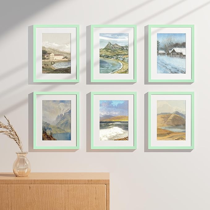Vittanly 11x14 Picture Frames Set of 9, Shatter Resistant Plexiglass, Display 8x10 Pictures with Mat or 11x14 without Mat, Photo Frames for Wall or Tabletop, Engineered Wood, Light Green
