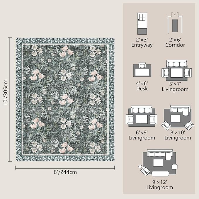 Washable 8x10 Area Rug - Light Green Vintage Floral with Ornate Border, Soft Low Pile Carpet for Living Room, Dining Room Under Table, Bedroom Non-Slip, Stain Resistant & Durable