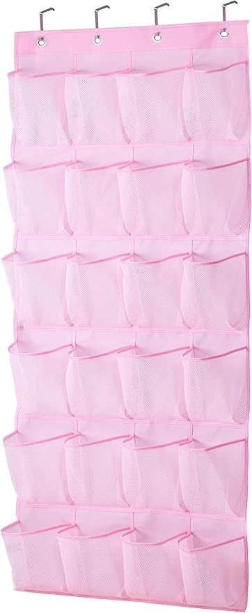 MISSLO Over The Door Shoe Organizer 24 Large Mesh Pockets (Pink)