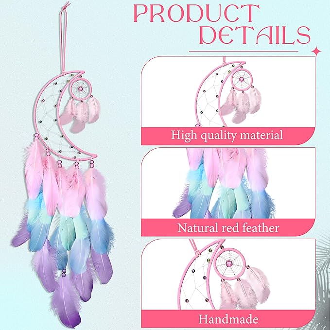 Jetec 3 Pcs Dream Catcher Moon Sun Star Design Handmade Traditional Design Craft Ornament Wall Art Hanging Home Decoration Bedroom Wedding(Macaron Color)