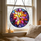 Stained Glass Window Hanging, Fuchsia Abstract Flowers Suncatcher for Window Home Decor Orange Sun Catcher Mother's Day Birthday Gifts for Women Men Mom Nana 7.8 in
