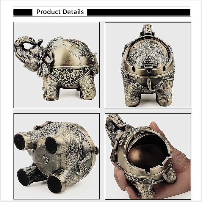 LAUYOO Metal Elephant Ashtray with Lid Windproof Ashtrays Outdoor, Indoor Ashtray for Weed, Vintage Practical Decoration Ash trays for Cigarettes Great Gift for Men Women-Bronze