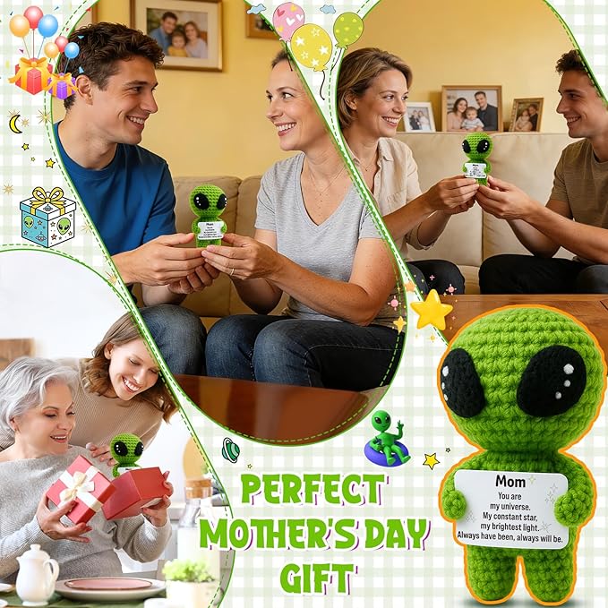 MAMAGIFTREE for Mom – Cute Crochet Alien Figure with Sentimental Card, Funny & Meaningful Handmade Gift from Daughter or Son