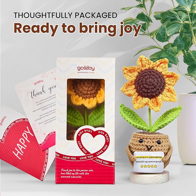 Gossby Positive Sunflower Doll Crochet with Card - Excellent Grandma Would Recommend - Gift for Grandma from Granddaughter, Grandson, Grandkid - Mothers Day, Christmas, Birthday Gift for Grandmother
