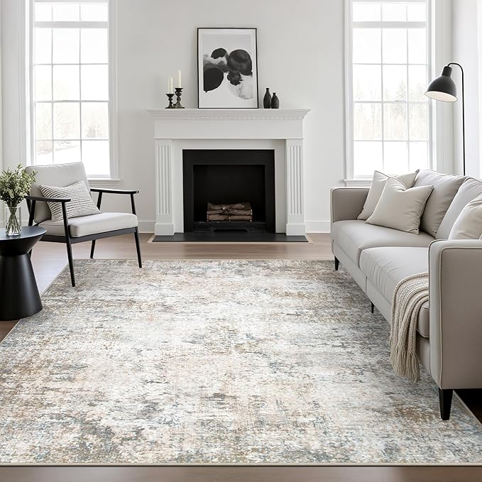 8x8 Area Rug Living Room Rug: Washable Modern Abstract Soft Thin Rug Indoor Floor No Slip Stain Resistant Carpet for Bedroom Dining Room Farmhouse Nursery Home Office - Brown Grey