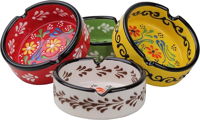 Ashtray Set for Indoor Outdoor Use Cigarette Ash Holder for Smokers Desktop Smoking Ash Tray - Home Office Decoration Hand-Paint Ceramic Cigar Ashtrays (4 Pcs - Red/Yellow/White/Green)