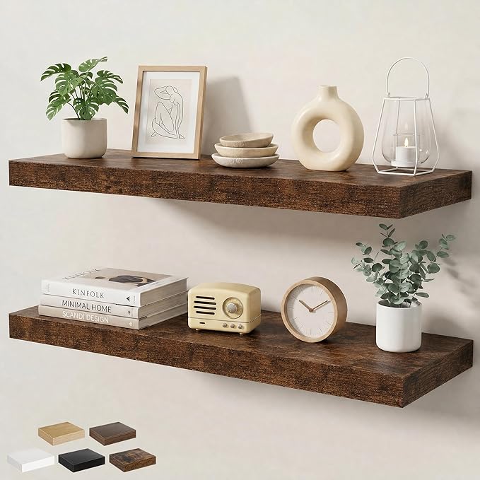 Floating Shelves for Wall 36 in x 9.3 in Deep, Wall Mounted Rustic Wood Shelf with Invisible Brackets for Storage & Display, Living Room Bedroom Bathroom, Brown, 2 Pack