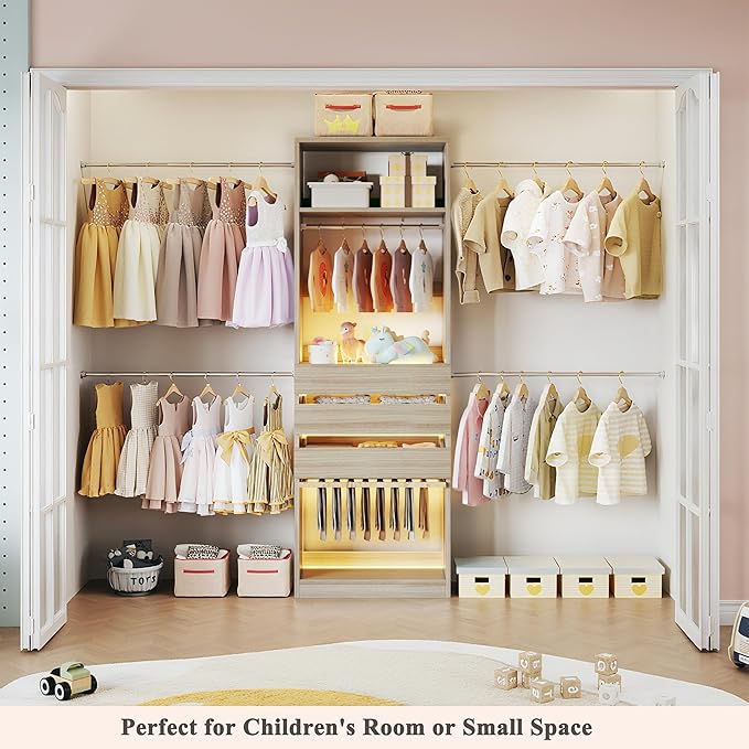 Closet System, 4-8FT Closet Organizer with 3 Wood Drawers & Glass Top, 102'' Walk in Closet with 5 Hang Rods & LED Lights & Trouser Rack, Built-in Wardrobe Clothes Rack with Shelves & Tower,White Oak