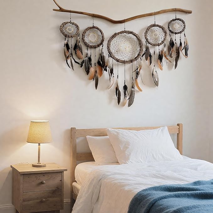 5 Pack Boho Dream Catcher Native American Wall Art Set, Handmade Natural Rattan Feathers Large Dreamcatcher Rustic Hanging Ornament Indian Wall Decor for Bedroom Adult