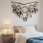 5 Pack Boho Dream Catcher Native American Wall Art Set, Handmade Natural Rattan Feathers Large Dreamcatcher Rustic Hanging Ornament Indian Wall Decor for Bedroom Adult