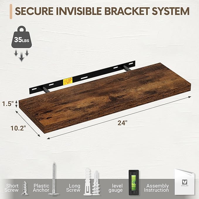 Vivelove 10 Inch Deep Floating Shelves 24 inch Long, 24 x 10 Wide Wall Shelves with Invisible Brackets, for Bedroom Bathroom Living Room Kitchen Office, Farmhouse Home Decor, Set of 2, Rustic Brown