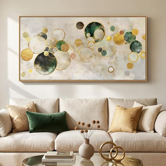 Extra Large Framed Abstract Canvas Wall Art for Living Room, Oversized Horizontal Prints Paintings Artwork for walls, Modern Gold Circle Pictures Wall Decor for Bedroom, Office, Dining Room 30x60 In