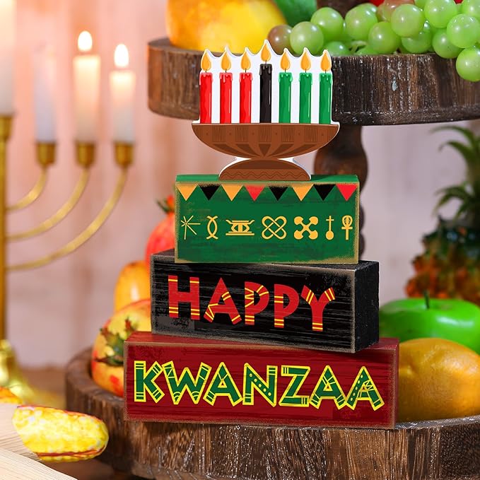 Yuntau 4 Pcs Happy Kwanzaa Table Decorations Kwanzaa Tiered Tray Decor Rustic African Candlestick Wood Block Tabletop Sign Gift Centerpiece Farmhouse Table Decor for Home Office Party Supplies
