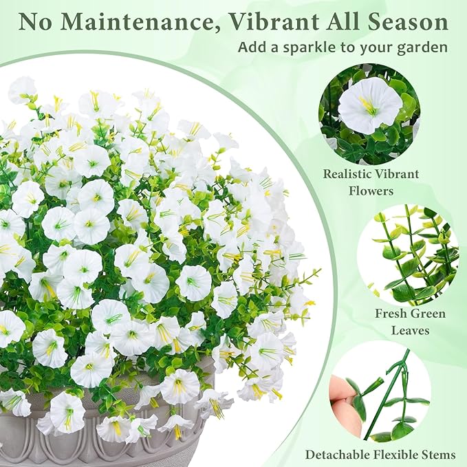 MARTINE MALL 24 Bundles Look Real Artificial Flowers for Outdoors, Realistic Fake Outdoor Flowers, UV Resistant Silk Petunia Flowers for Outside Faux Flowers Plants for Outdoor Porch, White