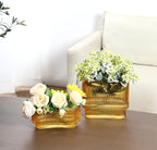 Short Glass Vases, Set of 2 Amber Glass Vases for Tulips, Ribbed Vase for Flowers, Modern Small Vase for Living Room, Dining Room, Bathroom, Desk, Shelf, Wedding, Office
