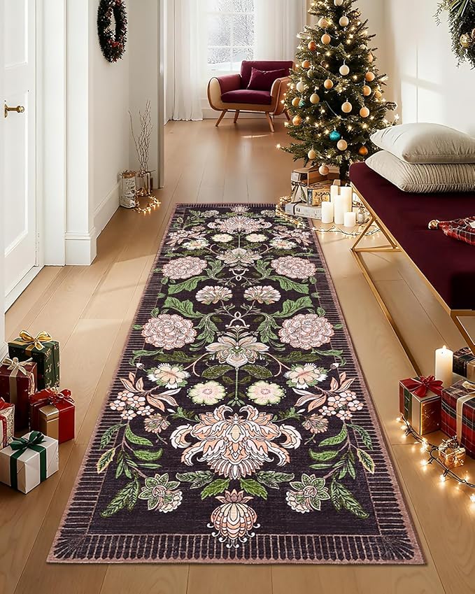 GarveeHome Plum Pink Floral Botanical 2.5x8 Washable Kitchen Runner Rugs Non Slip Black Purple Vintage Boho Cottage Long Rug for Hallways Bedroom Entryway Bathroom Mat with Rubber Back