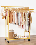 Metal Clothes Rack - Double Rod Clothing Rack with Fixed Design and Rolling Wheels, Coat Rack with Built-In Shelf for Closet Organizers and Storage (38.5" x 16.9" x 59.0", Gold)