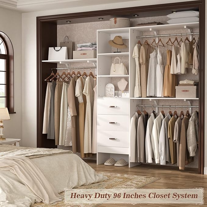 8FT Closet System, 96'' Closet Organizer System with 3 Hanging Rods, Wall Mount Bedroom Wardrobe with 3 Drawers Walk-in Closet, Adjustable Cloth Garment Rack from 5 to 8FT (Cut to Fit), White