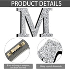 Qunclay 12'' Silver Crystal Diamond Bling Letters Crushed Diamond Decoration Wooden Glitter Letter with Screw and Hooks Rhinestone Gift for Wedding Y2k Mcbling Bedroom Wall Decor (Letter M)