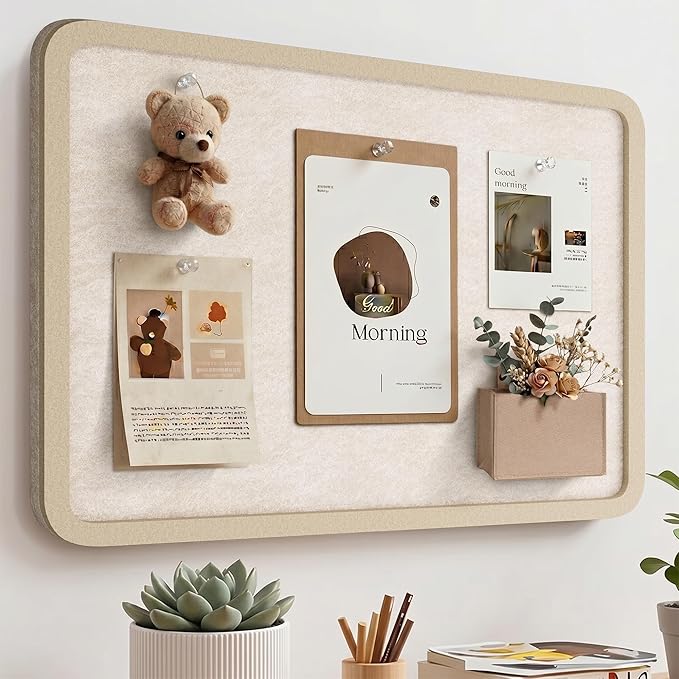 Bulletin Board, 24 x 18 inches Decorative Felt Board Foldable Photo Board Pin Boards, Cork Board Alternative for Walls, Office, Home, Classroom with Pushpins ＆ Small Storage Bag, Beige