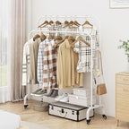 SUOERNUO Garment Rack with Wheels Clothing Rack for Hanging Clothes Multi-functional Bedroom Clothes Rack，White+Double Rods