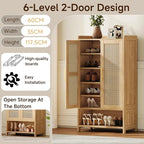 Narrow Shoe Cabinet with 2 Doors, 6-Tier Rattan Tall Shoe Storage Cabinet with 2 Adjustable Shelves & Wooden Legs, 46.3"H Slim Shoes Rack Organizer Cabinet for Entryway, Hallway, Natural Oak