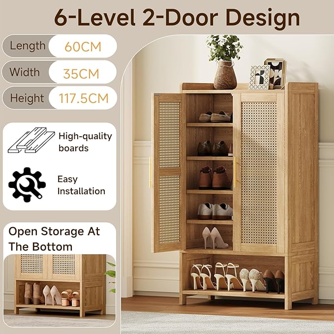 Narrow Shoe Cabinet with 2 Doors, 6-Tier Rattan Tall Shoe Storage Cabinet with 2 Adjustable Shelves & Wooden Legs, 46.3"H Slim Shoes Rack Organizer Cabinet for Entryway, Hallway, Natural Oak