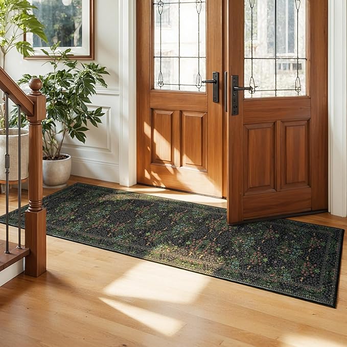 Lessymo Kitchen Runner Rug Washable, Long Non Skid Hallway Runner Rugs Black 2x6 Boho Vintage Floral Botanical Door Mat for Entryway, Laundry Room, Bathroom Rugs with Rubber Backed, Black Green