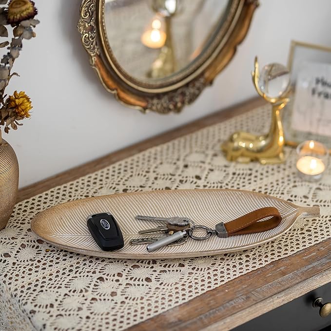 Hanobe Leaf Wooden Decorative Tray: Leaf Shaped Wood Key Tray Decor Plate Bowl for Crystal Candle