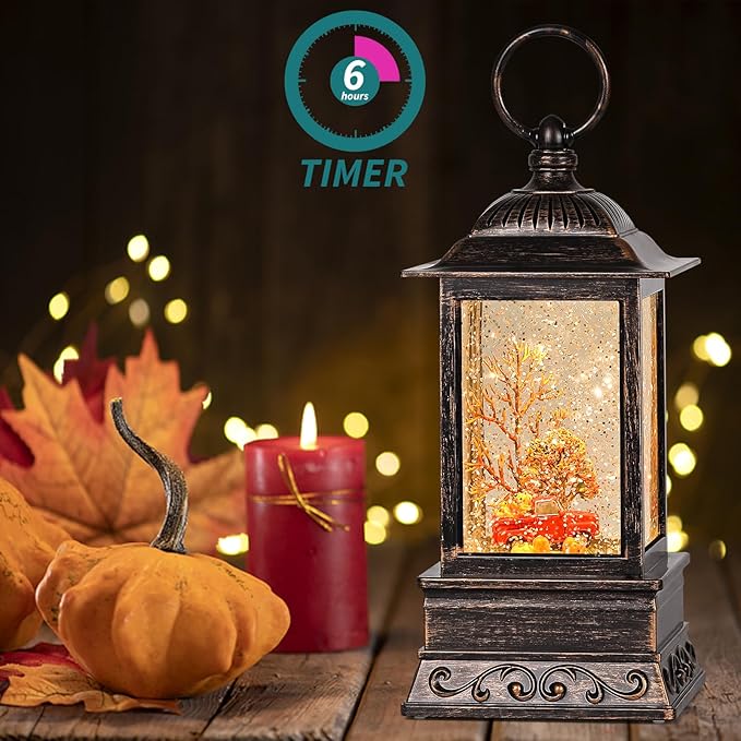 Fall Snow Globe Decorations, Glitter Red Truck Lantern with 6H Timer, USB/Battery Powered Lighted Décor for Home, Tabletop, Gift Box