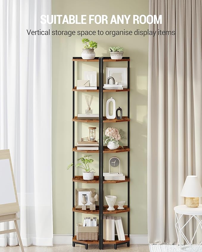 Hzuaneri Corner Shelf Stand, Corner Bookshelf, Storage Standing Shelf Unit with Metal Frame, Plant Stand, Bookcase for Living Room, Home Office, Bedroom, 7-Tier Rustic Brown CS07001B