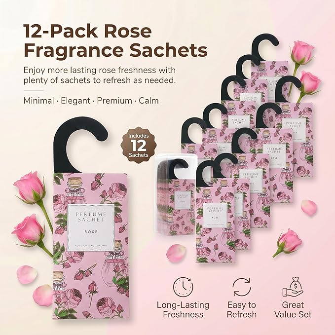 ROSE COTTAGE Large 12 Packs Rose Hanging Closet Deodorizer Air Freshener Long Lasting Scented Sachets Smell Goods for House