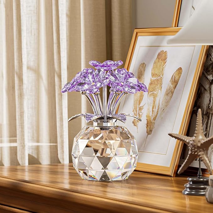 Arikyrist Crystal Forget-Me-Not Bouquet Figurines Gifts for Women Purple Flowers Collectible Decoration for Living Room Romantic Presents for Her Wife Mom Anniversary Birthday