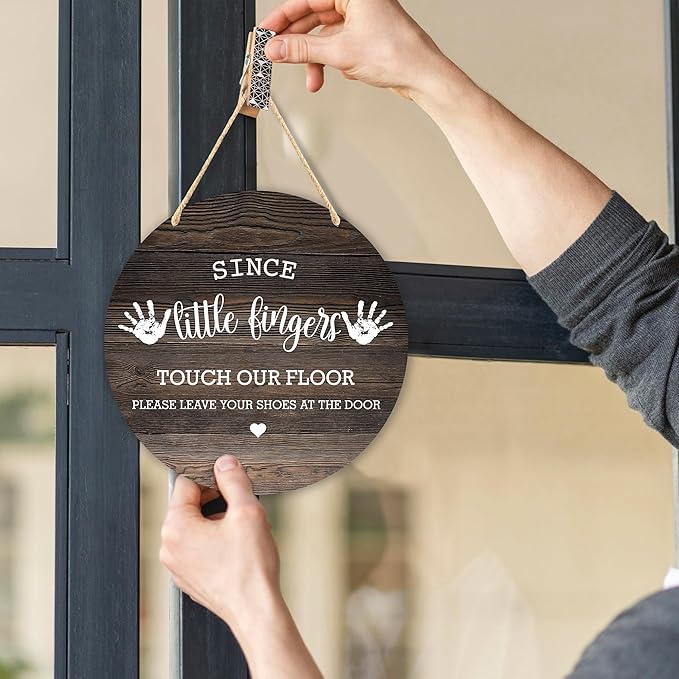 Wall Pediments Shoes Off Sign,Shoes Off Sign for Front Door,Since Little Fingers Touch Our Floor Door Sign,Please Take Your Shoes Off Sign,9.8x9.8 Inches（07）