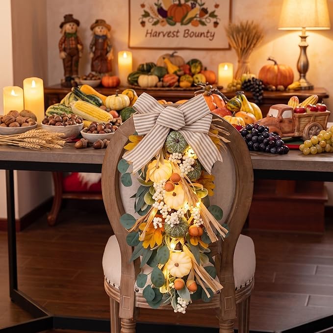 Valery Madelyn 24 inch Fall Pumpkin Teardrop Swag Autumn Harvest Door Hanger with Green & White Mini Pumpkins, Eucalyptus, Raffia, Berries and Striped Bow for Front Door Thanksgiving Table Centerpiece