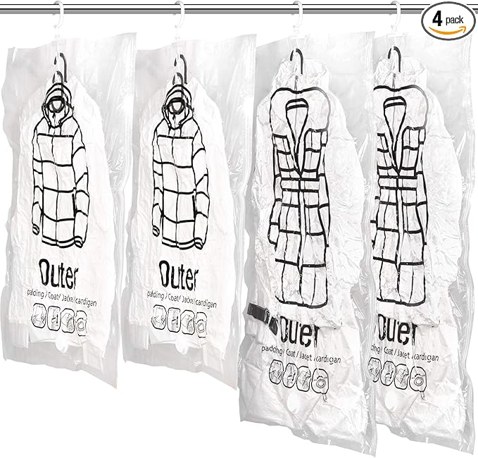 Meetall 4Pack Hanging Vacuum Storage Bag Reusable Space Saver Compressed Bag with Hangers.2pcs in 26.3x35.4inch(67x90cm) and 2pcs in 26.3x43.3inch (67x110cm).Work with Any Vacuum Cleaner.