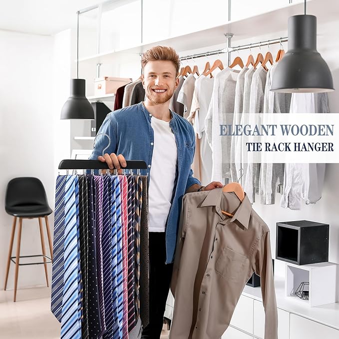 2 Pack Tie Rack Belt Hanger for Closet Upgraded Non Slip Tie Hanger Space Saving with 20 Foldable Hooks Wooden Belt Tie Organizer for Tank Tops Bras Cami Scarves