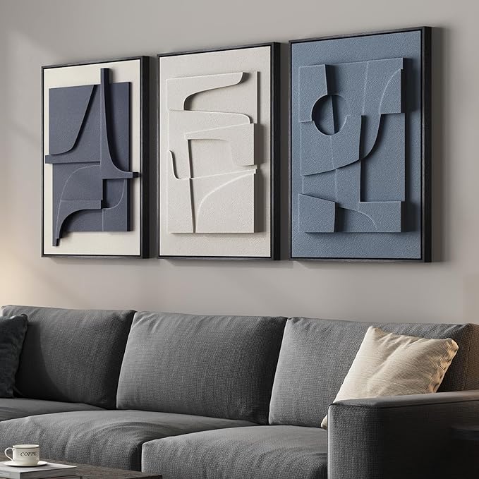3D Textured Framed Blue and White Abstract Wall Art, 3 Piece Modern Artwork for Walls, Minimalist Navy Blue Geometric Wall Paintings for Living Room, Bedroom, Dining Room, Office Wall Decor 16x24 In