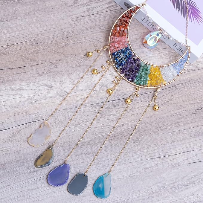 Crystal Stone Agate Ornament Natural Gem Tree of Life Moon Dream Catchers with Crystal 7 Chakra Gemstone Rainbow Catchers Color Natural Gem Agate Wall Hangings Room Dreamcatcher Decor (Multicolor)
