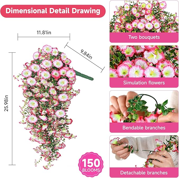 Artificial Hanging Flowers for Outdoors, 4 PCS UV Resistant Faux Plants Silk Realistic 150 Morning Glory Each Vines, Fake Plastic Floral for Garden Patio Spring Summer Decor, Pink