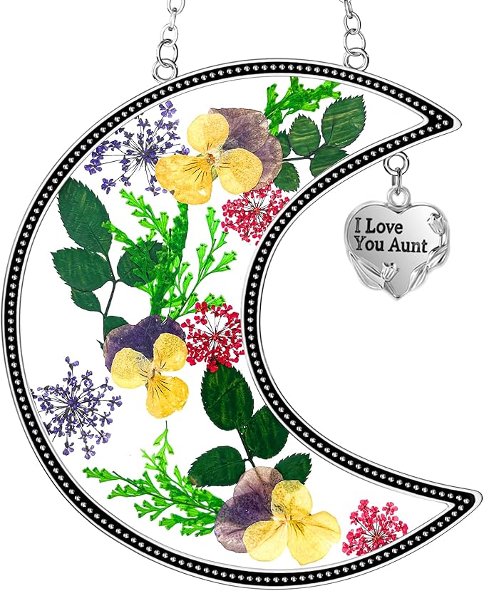 KY&BOSAM Moon Suncatchers Aunt Gifts for Mom Family Friends Stained Glass for Windows Wind Chimes Real Flower Colorful and Metal I Love You Aunt Heart Chain Outdoor for Garden Indoor Home Trees Decor
