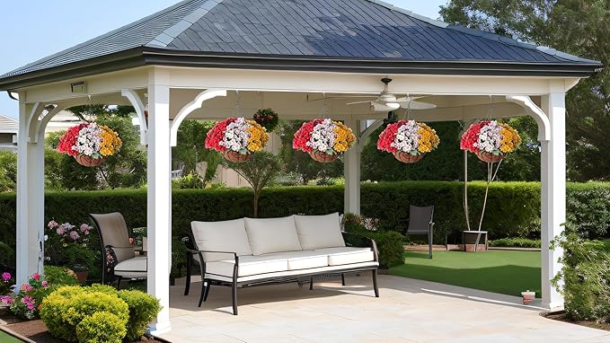 Artificial Flower in Hanging Basket Outdoor Indoor Decoration,Coconut Lining Flowerpot with Faux Plant,Daisy with Eucalyptus Leaves Arrangement for Home Spring Summer Decor(Red White Yellow)