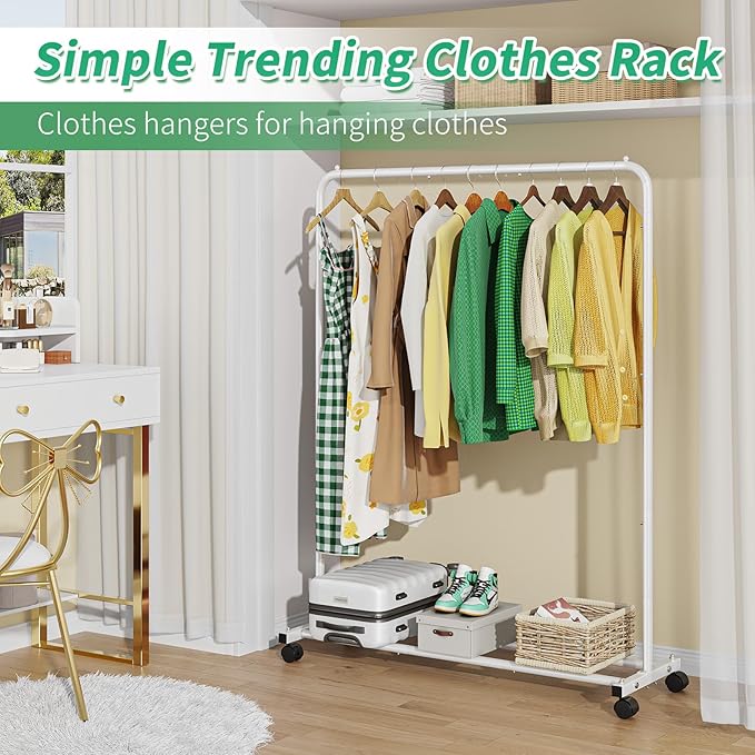 Simple Trending Standard Clothes Clothing Garment Rack with Storage Shelves, Rolling Clothes Organizer on Wheels for Hanging Clothes, White