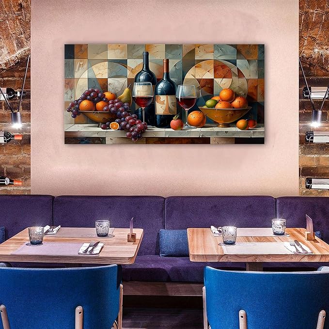 Geometric Kitchen Wall Art Abstract Wine Canvas Prints Red Wine Glass and Fruit Pictures Rustic Farmhouse Still Life Painting Wine Bar Decor for Dining Room Restaurant Home Decorations 29.53x57.87"
