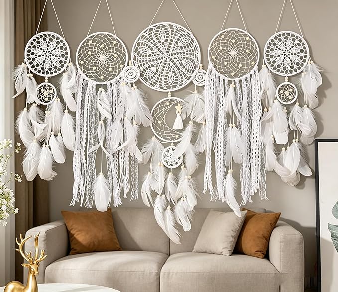 Set of 5 Boho, Hanging Large Boho Dream Catcher Wall Hanging Moon Dream Catcher Set Dream Catchers Wall Decor for Vintage Wedding Home Decorations (WHITC)