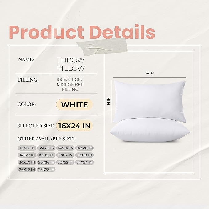 Utopia Bedding 16x24 Pillow Inserts, Set of 2, White – Indoor Decorative Throw Pillows for Bed, Sofa & Couch – Soft, Supportive & Fluffy Cushion Inserts