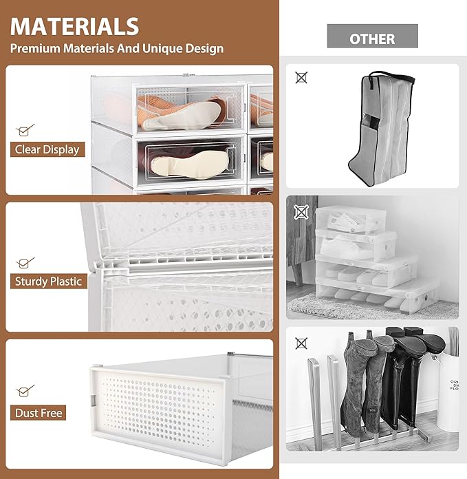 8 Pack Clear Boot Boxes Stackable, Boot Storage Boxes for Tall Boots, Shoes Box Plastic Oragnizer with Lids, Shoes Organizer Container for Closet, Under Bed Boot Storage