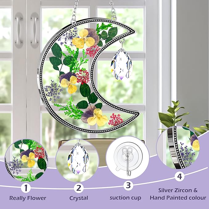 KY&BOSAM Moon Suncatcher Gifts for Mom Family Friends Stained Glass Suncatchers for Windows Hangings Wind Chimes with Real Flower Colorful Crystal Outdoor for Garden Indoor Home Christmas Trees Decor